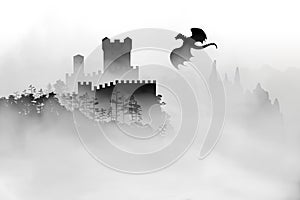 Castle on the top of mountain with forest under the fog clouds and dragon flying in the sky near the fortress. Vector