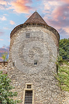 Castle tower against the blue sky.