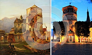 Castle tower in DÃ¼sseldorf, painting around 1840 and photography 2018