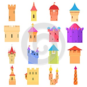 Castle tower icons set color, cartoon style
