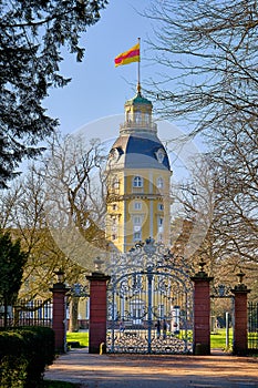 Castle tower in the park of the castle in Karlsruhe