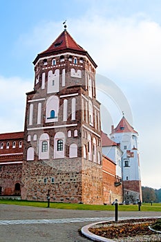 Castle tower in town Mir in Belarus photo