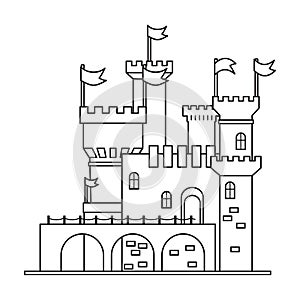 Castle tower vector outline icon. Vector illustration castle tower on white background. Isolated outline illustration