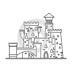 Castle tower vector outline icon. Vector illustration castle tower on white background. Isolated outline illustration