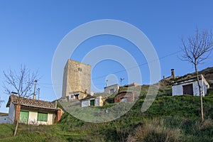 Castle tower and wineries of Itero del Castillo, Spain