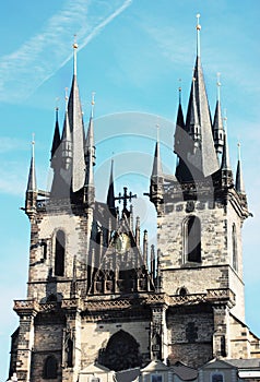 Two castle towers in bright blue sky in Prague, Czech Republic. Popular sightseen. Staromest photo