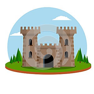 Castle with towers and walls. Defense construction. Medieval European architecture