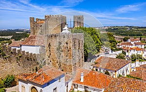 Castle Turrets Towers Walls Orange Roofs Obidos Portugal