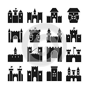 Castle vector icons. Medieval walls and gothic tower black silhouettes