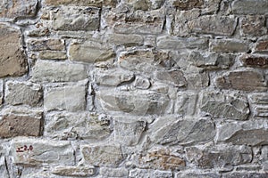 Castle wall stone grunge texture background. Grungy vintage fortress granite and sandstone. Rough old stone or rock of mountains