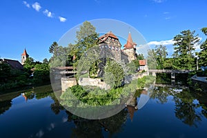 Castle Wenzel on a small island on the river Pegnitz in Lauf an der Pegnitz