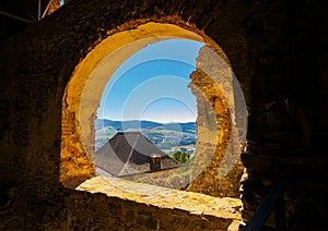 Castle window view in to the beautiful mountainous