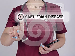 CASTLEMAN DISEASE text in menu. Geneticist looking for something at cellphone