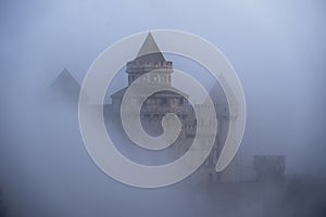 Castles covered with fog at the top of Bana Hills, the famous tourist destination of Da Nang, Vietnam. Near Golden bridge