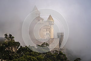 Castles covered with fog at the top of Bana Hills, the famous tourist destination of Da Nang, Vietnam. Near Golden bridge
