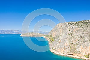 The castles and fortress of the city seen from afar , Europe, Greece, Peloponnese, Argolis, Nafplion, Myrto seaside, in summer, on