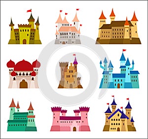 Castles and fortresses flat design vector icons. Set of illustrations of ruins, mansions, palaces, villas and other