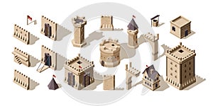 Castles isometric. Medieval buildings brick wall for low poly game asset old fort vector set
