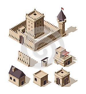 Castles isometric. Medieval historical cartoon architecture buildings ancient farm houses vector castles