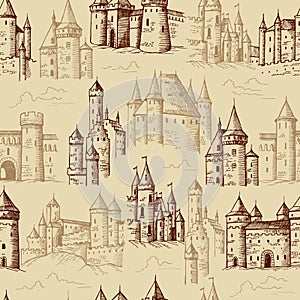 Castles pattern. Medieval historical buildings with towers textile design projects template recent vector seamless