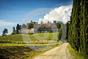 Brolio Castle and the nearby vineyards. The Castle is located in the production area of the famous Chianti Classico wine. Tuscany,