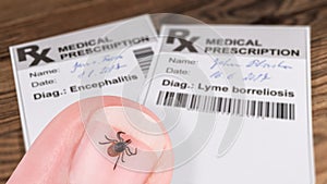 Castor bean tick and medical prescription with bar code. Ixodes ricinus