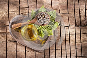castor oil and seeds, on wooden background photo