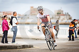CASTRO URDIALES, SPAIN - SEPTEMBER 17: Unidentified triathlete in the cycling competition celebrated in the triathlon of Castro Ur