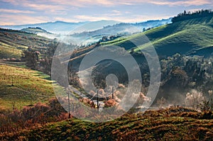 Castrocaro Terme e Terra del Sole, Forli-Cesena, Emilia Romagna, Italy: landscape at sunrise of the hills with fog in the valley