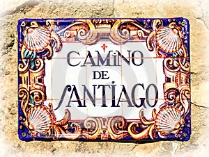 Castrojeriz, Spain - Sign made of Tiles on a House for the Camino Street on the Way of St James Camino de Santiago