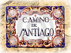 Castrojeriz, Spain - Sign made of Tiles on a House for the Camino Street on the Way of St James Camino de Santiago photo