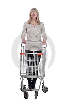 casual adult woman with shopping cart . isolated on a white background.