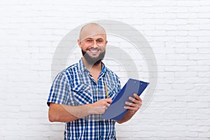 Casual Bearded Business Man Holding Folder Pencil Document Writing Happy Smile