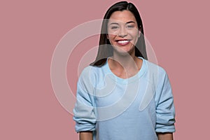 Casual beautiful young asian american isolated portrait on pink background, genuine sincere smile with nice straight white teeth