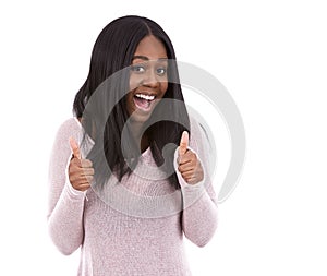 Casual black woman giving thumbs up