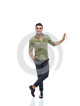 Casual business man happy smile young handsome guy hand on wall full length