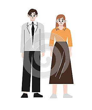 Casual business man and woman standing.