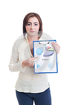 Casual business woman showing clipboard with financial and sales