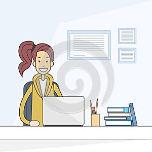 Casual Business Woman Sitting Desk Working Laptop Computer