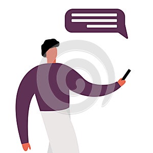 Casual cartoon man looking and holding at his mobile phone and messaging on a background of geometric shapes. Vector man