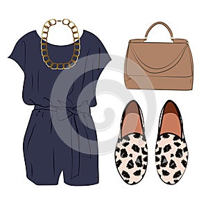 Casual chic styling idea, look with romper, bag and animal print shoes photo