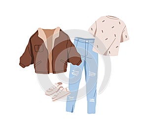 Casual clothes, outfit set. Women apparel, jeans, trainers, t-shirt and wind jacket. Sneakers, tshirt, pants, sull look photo