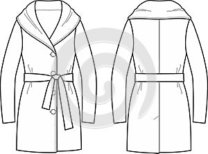 Casual coat flat sketch. Overcoat apparel design. Front and back. Women CAD mockup. photo