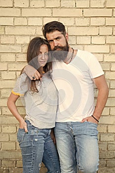 Casual couple in love. Couple enjoy each other romantic date. Man bearded and girl hug. Couple in love romantic date