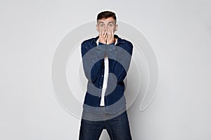 Casual emotional Man surpusing on white background