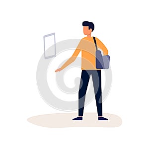 casual employee holding sling bag look at paper on wall tiny people vector flat illustration