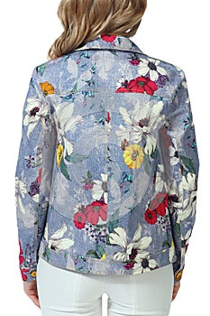 Casual floral printed summer blue jacket on model close up photo