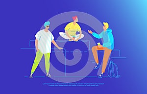 Casual friends talking and smiling together. Gradient vector illustration of three teenegers sitting on the floor and chatting