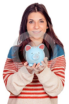 Casual girl with a blue money box