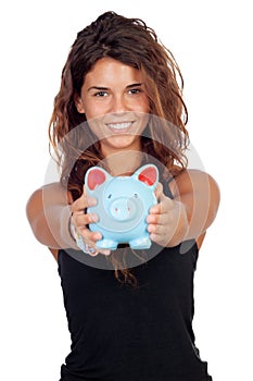 Casual girl with a blue piggy-bank